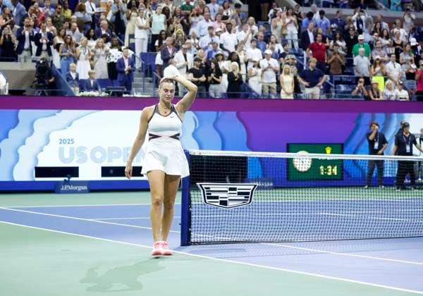 Aryna Sabalenka of Belarus celebrates after defeating Amanda Anisimova at the Women s Finals of the 2025 US Open Tennis Championship in Arthur Ashe Stadium at the USTA Billie Jean King National Tennis Center in Flushing Meadows, New York on Saturday, September 6, 2025. Sabalenka defeated Anisimova 6-3, 7-6 to win her second consecutive US Open Championship.  NYP20250906201 JOHNxANGELILLO