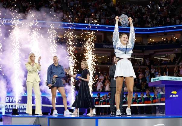 Aryna Sabalenka of Belarus holds the championship trophy after defeating Amanda Anisimova at the Women s Finals of the 2025 US Open Tennis Championship in Arthur Ashe Stadium at the USTA Billie Jean King National Tennis Center in Flushing Meadows, New York on Saturday, September 6, 2025. Sabalenka defeated Anisimova 6-3, 7-6 to win her second consecutive US Open Championship.  NYP20250906220 JOHNxANGELILLO