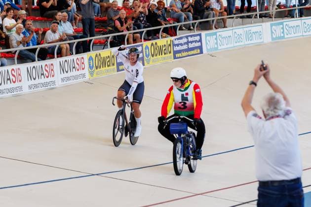 Moritz Augenstein (GER) und Christian Ertel (GER, Schrittmacher) gewinnen das Finale im Derny der Männer; Sieger, Erstplatzierte, Goldmedaille, gold medal, 06.09.2025, Erfurt (Deutschland), Bahnradsport, Steher und Derny Europameisterschaften 2025