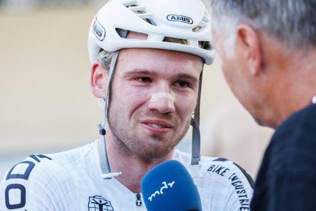 Luca Harter (GER) beim Interview, TV; Drittplatzierter, Bronzemedaille, bronze medal, 06.09.2025, Erfurt (Deutschland), Bahnradsport, Steher und Derny Europameisterschaften 2025
