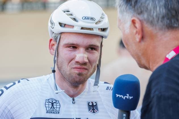 Luca Harter (GER) beim Interview, TV; Drittplatzierter, Bronzemedaille, bronze medal, 06.09.2025, Erfurt (Deutschland), Bahnradsport, Steher und Derny Europameisterschaften 2025