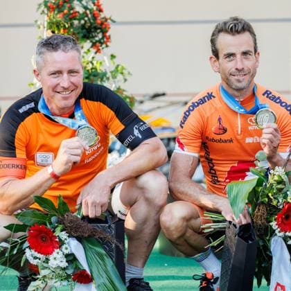 von links: Jos Pronk (NED, Schrittmacher), Reinier Honig (NED); Zweitplatzierte, Silbermedaille, silver medal, 06.09.2025, Erfurt (Deutschland), Bahnradsport, Steher und Derny Europameisterschaften 2025