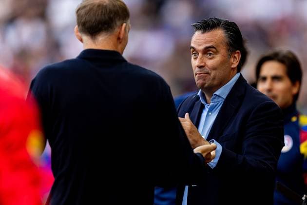 England v Andorra 2026 FIFA World Cup, WM, Weltmeisterschaft, Fussball Qualifier 06 09 2025. Andorra Head Coach Koldo Alvarez greets England Head Coach Thomas Tuchel before the 2026 FIFA World Cup Qualifier match between England and Andorra at Villa Park, Birmingham, England on 6 September 2025. Birmingham Villa Park West Midlands England Editorial use only , Copyright: xManjitxNarotrax PSI-22763-0063