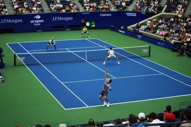 (250907) -- NEW YORK, Sept. 7, 2025 -- Marcel Granollers Horacio Zeballos (front L) serve during the men s doubles final match between Marcel Granollers of Spain Horacio Zeballos of Argentina and Joe Salisbury Neal Skupski of Britain at the 2025 US Open tennis championships in New York, the United States, Sept. 6, 2025. ) (SP)U.S.-NEW YORK-TENNIS-US OPEN-MEN S DOUBLES-FINAL WuxXiaoling 