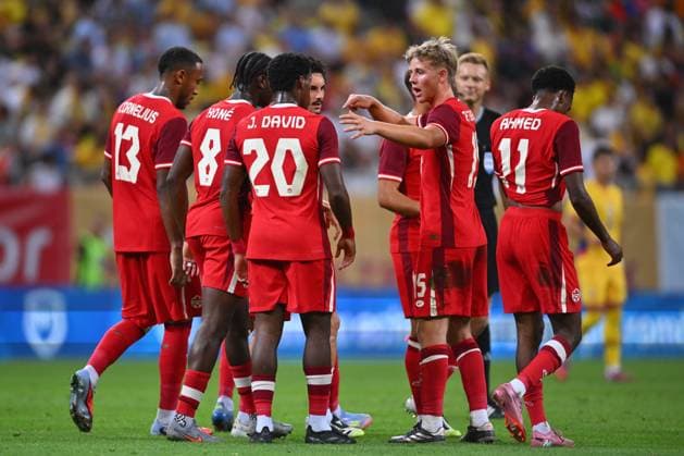 Romania V Canada - International Friendly, Länderspiel, Nationalmannschaft Luc De Fougerolles, Jonathan David, Niko Sigur, and Ali Ahmed celebrate after the second goal during the International Friendly match between Romania and Canada at National Arena in Bucharest, Romania, on September 5, 2025. Bucharest Romania  Copyright: xAlexxNicodimx originalFilename:nicodim-romaniav250905_npnPn.jpg