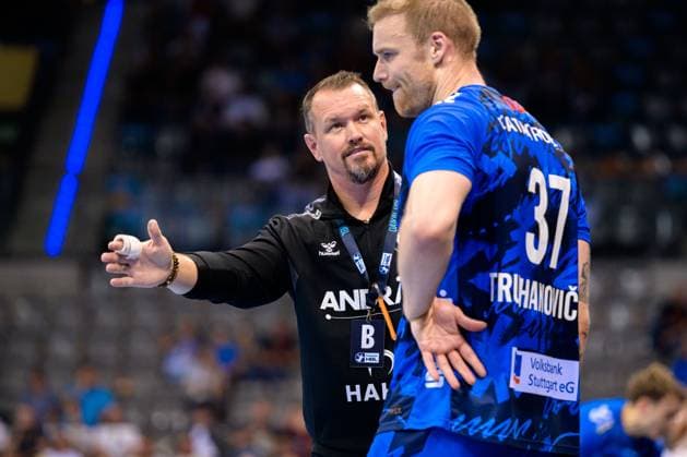 Stuttgart, Handball Bundesliga: HBL - 25 26 - TVB Stuttgart - Bergischer HC Trainer Misha Kaufmann (Stuttgart), Jonas Truchanovicius (Stuttgart) Stuttgart Porsche Arena Baden-Württemberg Deutschland