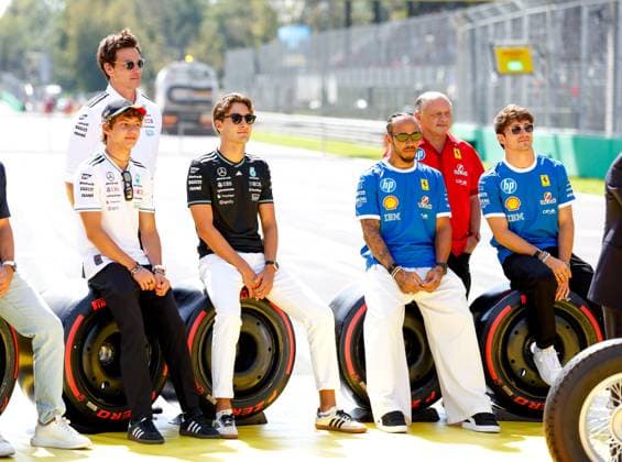 12 Andrea Kimi Antonelli (ITA, Mercedes-AMG Petronas F1 Team), Toto Wolff (AUT, Mercedes-AMG Petronas F1 Team), 63 George Russell (GBR, Mercedes-AMG Petronas F1 Team), 44 Lewis Hamilton (GBR, Scuderia Ferrari HP), Frederic Vasseur (FRA, Scuderia Ferrari HP), 16 Charles Leclerc (MCO, Scuderia Ferrari HP), F1 Grand Prix of Italy at Autodromo Nazionale Monza on September 7, 2025 in Monza, Italy. (Photo by HOCH ZWEI) Monza Italy