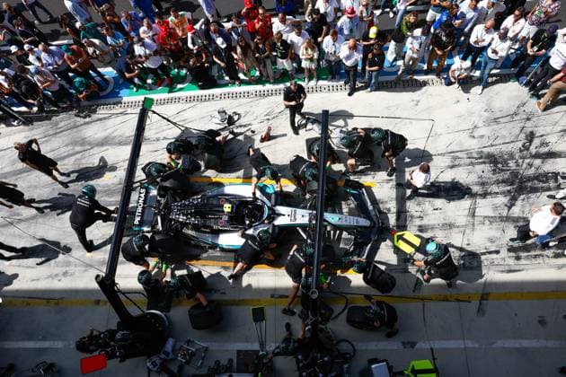 Mercedes-AMG Petronas F1 Team during pit stop practice, F1 Grand Prix of Italy at Autodromo Nazionale Monza on September 7, 2025 in Monza, Italy. (Photo by HOCH ZWEI) Monza Italy