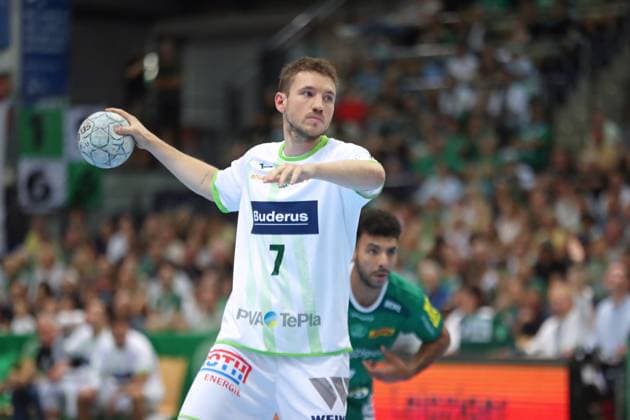 DAIKIN HBL: SC DHfK Leipzig vs. HSG Wetzlar, 07.09.25 Dominik Mappes (7, HSG Wetzlar) wirft einen Siebenmeter. Handball, DAIKIN HBL, 1. Bundesliga, Saison 2025 2026, 3. Spieltag: SC DHfK Leipzig vs. HSG Wetzlar am 07.09.25 in der Quarterback Immobilien Arena Leipzig. Copyright: xBEAUTIFULxSPORTS JanxKaeferx