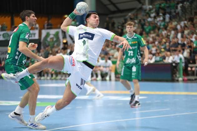 DAIKIN HBL: SC DHfK Leipzig vs. HSG Wetzlar, 07.09.25 Niklas Theiß (9, HSG Wetzlar) wirft. Handball, DAIKIN HBL, 1. Bundesliga, Saison 2025 2026, 3. Spieltag: SC DHfK Leipzig vs. HSG Wetzlar am 07.09.25 in der Quarterback Immobilien Arena Leipzig. Copyright: xBEAUTIFULxSPORTS JanxKaeferx