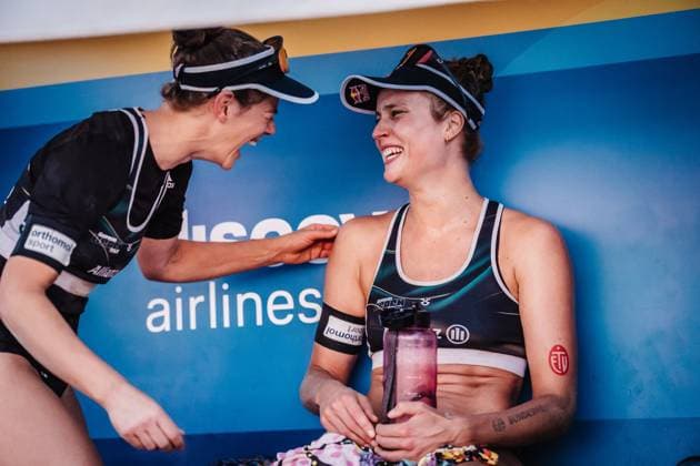 Beachvolleyball Frauen Deutsche Meisterschaften 2025 Timmendorfer Strand 07.09.2025 v.l. Cinja Tillmann und Svenja Müller gewinnen das Finale der Deutschen Meisterschaft und jubeln Timmendorfer Strand Ahmann-Hager-Arena Schleswig-Holstein Deutschland