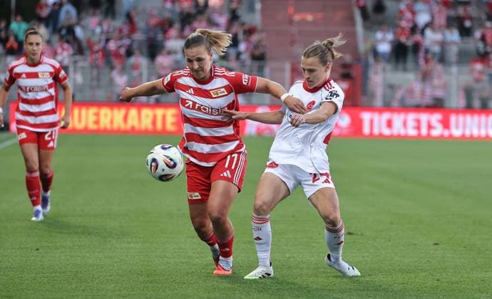 Dina Orschmann, Nastassja Lein Zweikampf Spielszene Aktion Fußball Fussball 1. Bundesliga Damen Frauen Saison 2025 2026 07.09.2025 1.FC Union Berlin vs. 1.FC Nürnberg FCN DFL regulations prohibit any use of photographs as image sequences and or quasi-video