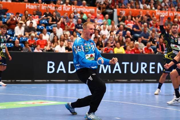 Handball I Herren I Saison 2025 2026 I Bundesliga I 3. Spieltag I HSV Hamburg -Rhein-Neckar Löwen I 07.09.2025 David Späth (29, Rhein-Neckar Löwen) jubelt Hamburg Alsterdorfer Sporthalle Hamburg Deutschland Copyright: xLobeca RalfxHomburgx