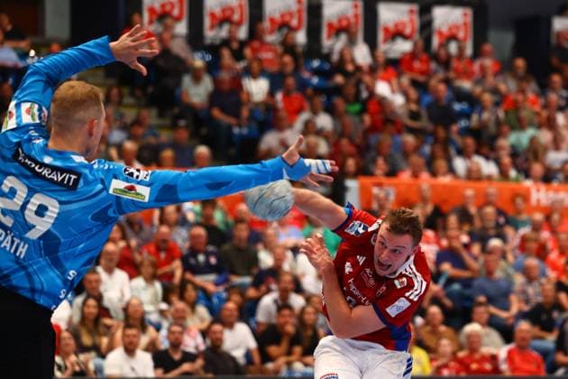 Handball I Herren I Saison 2025 2026 I Bundesliga I 3. Spieltag I HSV Hamburg -Rhein-Neckar Löwen I 07.09.2025 David Späth (29, Rhein-Neckar Löwen) Moritz Sauter (33, HSV Hamburg) Hamburg Alsterdorfer Sporthalle Hamburg Deutschland Copyright: xLobeca RalfxHomburgx