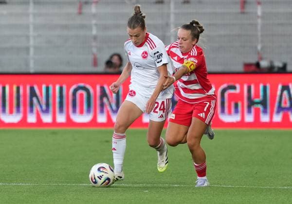 07.09.2025 - Fussball - Saison 2025 2026 - 1. Google Pixel Frauen Bundesliga - 1. Spieltag: 1. FC Union Berlin Frauen FCU - 1. FC Nürnberg Frauen FCN ( Club Clubfrauen) - ChPr - xchxprx - von links : Nastassja Lein (24, 1. FC Nürnberg FCN ) Lisa Heiseler ( 7, 1. FC Union Berlin )