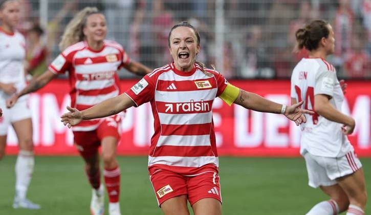 Lisa Heiseler jubelt nach 1:0 Freude Emotion Jubel Fußball Fussball 1. Bundesliga Damen Frauen Saison 2025 2026 07.09.2025 1.FC Union Berlin vs. 1.FC Nürnberg FCN DFL regulations prohibit any use of photographs as image sequences and or quasi-video