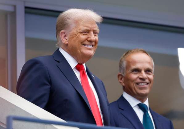 President Donald Trump and Rolex CEO Jean-Frederic Dufour arrive to watch Jannik Sinner of Italy play Carlos Alcaraz of Spain in the Men s Finals of the 2025 US Open Tennis Championship in Arthur Ashe Stadium at the USTA Billie Jean King National Tennis Center in Flushing Meadows, New York, on Sunday, September 7, 2025.  NYP20250907101 COREYxSIPKIN