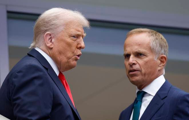 President Donald Trump and Rolex CEO Jean-Frederic Dufour arrive to watch Jannik Sinner of Italy play Carlos Alcaraz of Spain in the Men s Finals of the 2025 US Open Tennis Championship in Arthur Ashe Stadium at the USTA Billie Jean King National Tennis Center in Flushing Meadows, New York, on Sunday, September 7, 2025.  NYP20250907106 COREYxSIPKIN