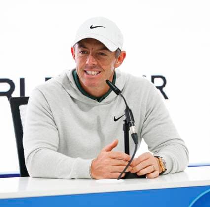 7th September 2025; The K Club, Straffan, County Kildare, Ireland: Amgen Irish Open Golf Final Round; Rory McIlroy of Northern Ireland answers question at a press conference, PK, Pressekonferenz after winning the Amgen Irish Open Golf trophy  PeterxFitzpatrick