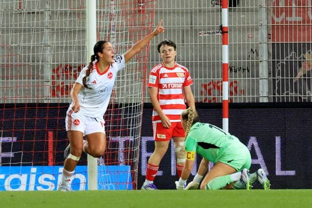 DEU, 2.BL, Frauen, 1.FC Union vs. 1.FC Nuernberg, 07.09.2025, Stadion Alte Foersterei, Berlin, DEU, 2.BL, Frauen, 1.FC Union vs. 1.FC Nuernberg, im Bild: 1:1 durch Licina, Selma (1.FC Nuernberg 17), Tomke Schneider (Moenchengladbach 2), CARA BOESL (1.FC Union Berlin 1) DFL - regulations prohibit any use of Photographs as image sequences and or quasi-video