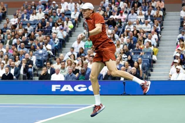 Jannik Sinner of Italy hits a return to Carlos Alcaraz of Spain in the first set in the Men s Finals of the 2025 US Open Tennis Championship in Arthur Ashe Stadium at the USTA Billie Jean King National Tennis Center in Flushing Meadows, New York, on Sunday, September 7, 2025.  NYP20250907128 COREYxSIPKIN