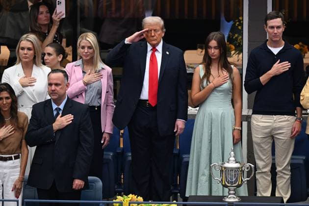 President Donald Trump salutes during the National Anthem before watching Jannik Sinner of Italy play Carlos Alcaraz of Spain in the Men s Finals of the 2025 US Open Tennis Championship in Arthur Ashe Stadium at the USTA Billie Jean King National Tennis Center in Flushing Meadows, New York, on Sunday, September 7, 2025.  NYP20250907202 LARRYxMARANO