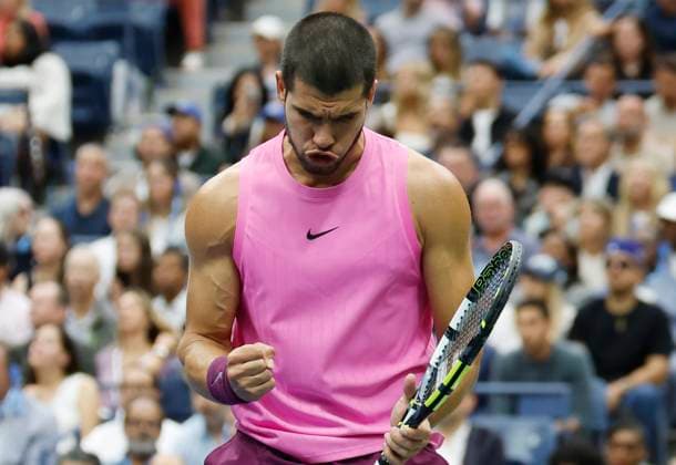 Carlos Alcaraz of Spain reacts after winning a point against Jannik Sinner of Italy in the second set in the Men s Finals of the 2025 US Open Tennis Championship in Arthur Ashe Stadium at the USTA Billie Jean King National Tennis Center in Flushing Meadows, New York, on Sunday, September 7, 2025.  NYP20250907160 COREYxSIPKIN