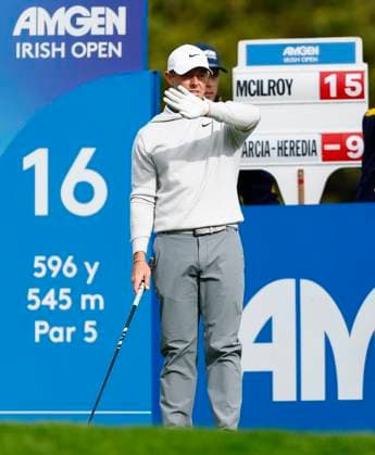 7th September 2025; The K Club, Straffan, County Kildare, Ireland: Amgen Irish Open Golf Final Round; Rory McIlroy of Northern Ireland waving at an on course commentator to move on the 16th hole  PeterxFitzpatrick