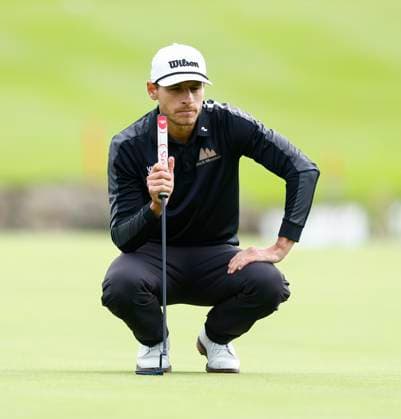 7th September 2025; The K Club, Straffan, County Kildare, Ireland: Amgen Irish Open Golf Final Round; Joakim Lagergren of Sweden lines up his putt on the 18th hole  PeterxFitzpatrick