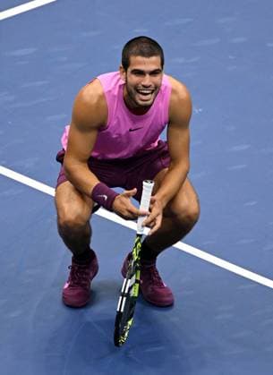 Carlos Alcaraz of Spain reacts after defeating Jannik Sinner of Italy 6-2 6-3 6-1 6-4 during the Men s Finals of the 2025 US Open Tennis Championship in Arthur Ashe Stadium at the USTA Billie Jean King National Tennis Center in Flushing Meadows, New York, on Sunday, September 7, 2025.  NYP20250907220 LARRYxMARANO