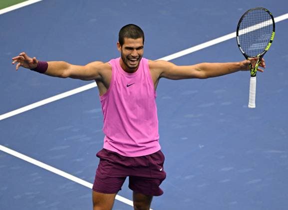 Carlos Alcaraz of Spain reacts after defeating Jannik Sinner of Italy 6-2 6-3 6-1 6-4 during the Men s Finals of the 2025 US Open Tennis Championship in Arthur Ashe Stadium at the USTA Billie Jean King National Tennis Center in Flushing Meadows, New York, on Sunday, September 7, 2025.  NYP20250907221 LARRYxMARANO
