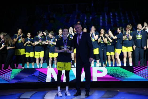 Fenerbahce Alagoz Holding become Europe s best women s basketball team PRAGUE, CZECH REPUBLIC - APRIL 16: Breanna Stewart (L) of Fenerbahce Alagoz Holding holds the MVP award as players of Fenerbahce Alagoz Holding celebrate their victory at the end of the FIBA EuroLeague Women final match between Fenerbahce Alagoz Holding and CBK Mersin Yenisehir Belediyesi at Kralovka Arena in Prague, Czech Republic on April 16, 2023. Fenerbahce Alagoz Holding beat another Turkish team, CBK Mersin Yenisehir Bld, 99-60 in the 2023 FIBA EuroLeague Women final on Sunday to become Europe s best women s basketball team. Prag Czech Republic. Editorial use only. Please get in touch for any other usage.  Copyright: x2025xAnadoluxSezginxPancarx