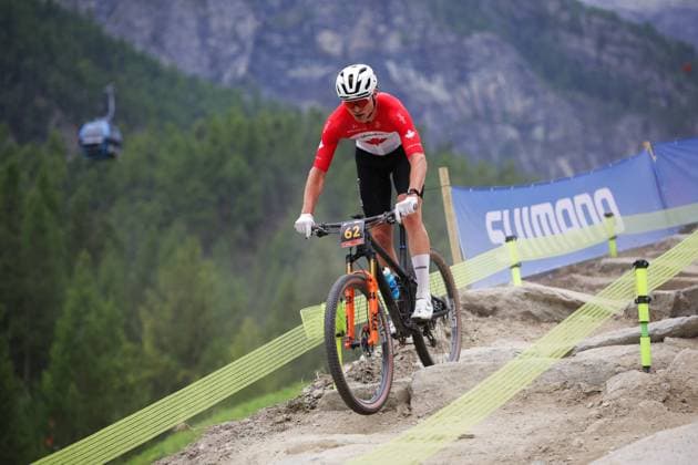 2025 UCI Mountain Bike World Championships Picture by Ed Sykes SWpix.com - 08 09 2025 - Cycling - 2025 UCI Mountain Bike World Championships - Cross-country Short Track - Zermatt, Valais, Switzerland - Men Under-23 Qualification Heat 2 - Zorak Paille (Canada) Copyright: x xSWpix.comx(t axPhotographyxHubxLtd)xEdxSykes SWpix.comx SWP-3030-2909