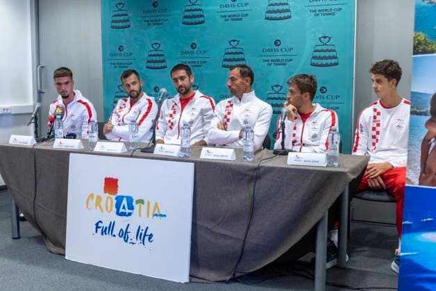 Croatia Davis Cup Team press conference, PK, Pressekonferenz Dino Prizmic, Mate Pavic, Marin Cilic, Ivan Dodig, Nikola Mektic and Matej Dodig of Croatia Davis Cup Team attends a press conference prior to the Davis Cup Qualifier 2nd Round match between Croatia and France at Gradski vrt in Osijek, Croatia on September 8, 2025.  DavorxJavorovic PIXSELL