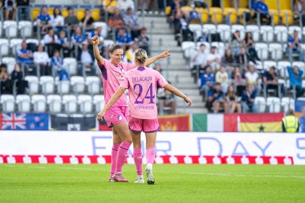 Melissa Koessler (TSG Hoffenheim, 25), Feli Delacauw (TSG Hoffenheim, 24) jubeln ueber das Tor zum 1:3, GER, TSG 1899 Hoffenheim vs FC Carl Zeiss Jena, Fussball Google Pixel Frauen Bundesliga, 1. Spieltag, Saison 2025 2026, 08.09.2025 DFB regulations prohibit any use of photographs as image sequences and or quasi-video GER, TSG 1899 Hoffenheim vs FC Carl Zeiss Jena, Fussball Google Pixel Frauen Bundesliga, 1. Spieltag, Saison 2025 2026, 08.09.2025 Jena Copyright: xEibner-Pressefoto Memmlerx EP_MMR