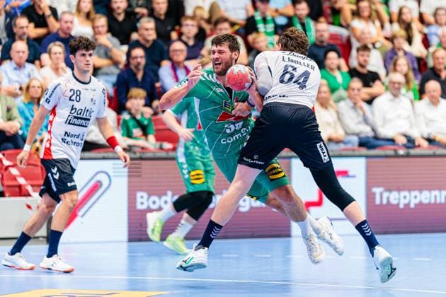 v.l. Malte Donker (GWD Minden, 39), Lasse Moeller (SG Flensburg-Handewitt, 64) GER, GWD Minden vs. SG Flensburg-Handewitt, Handball, 1. Bundesliga, 3. Spieltag, Spielzeit 2025 2026, 08.09.2025 GER, GWD Minden vs. SG Flensburg-Handewitt, Handball, 1. Bundesliga, 3. Spieltag, Spielzeit 2025 2026, 08.09.2025 Luebbecke Copyright: xEibner-Pressefoto JanxRollingerx EP_JSK