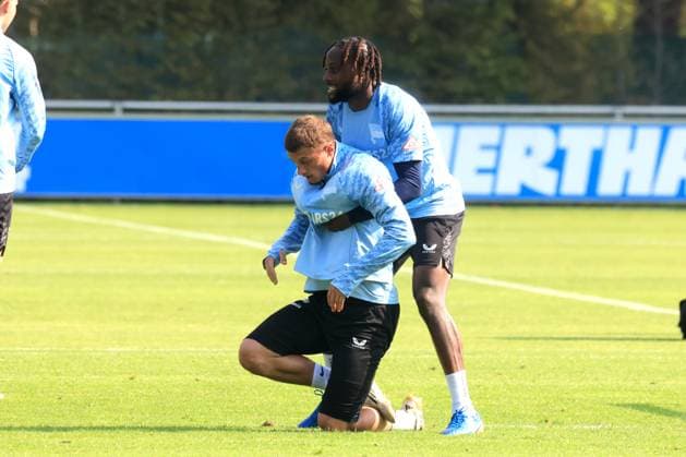 DEU, DFL, 2. FBL Hertha BSC, Training, 09.09.2025, Sportforum, Berlin, DEU, DFL, 2. FBL Hertha BSC, Training, im Bild Michael Cuisance (Hertha BSC Berlin 10), Deyovaisio Zeefuik (Hertha BSC Berlin 42) DFL - regulations prohibit any use of Photographs as image sequences and or quasi-video