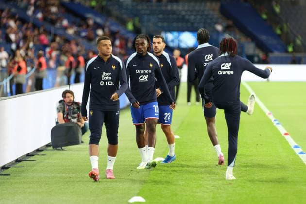 Football France Islande PHOTOPQR LE PARISIEN Olivier Arandel ; Paris ; 09 09 2025 ; Paris, France Parc des Princes Mardi 9 septembre 2025 Sports Football Équipe de France de football Éliminatoires de la zone Europe pour la Coupe du monde de football 2026 France - Islande Echauffement - Kylian Mbappé, Manu Koné et Théo Hernandez LP Olivier Arandel Saint Denis, France, sept 9th 2025. Stade de France. Soccer. France - Iceland: World Cup qualifying match