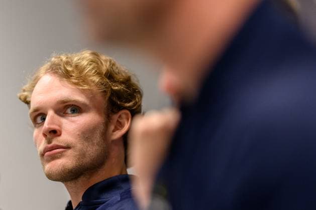 250910 Erik Grevelius during a press conference, PK, Pressekonferenz with Team Sweden on September 10, 2025 in Gothenburg. Photo: Carl Sandin BILDBYRAN kod CS CS0766 tennis davis cup presskonferens press conference sweden bbeng Copyright: CARLxSANDIN BB250910CS018