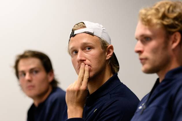 250910 Leo Borg during a press conference, PK, Pressekonferenz with Team Sweden on September 10, 2025 in Gothenburg. Photo: Carl Sandin BILDBYRAN kod CS CS0766 tennis davis cup presskonferens press conference sweden bbeng Copyright: CARLxSANDIN BB250910CS026