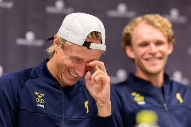 250910 Leo Borg during a press conference, PK, Pressekonferenz with Team Sweden on September 10, 2025 in Gothenburg. Photo: Carl Sandin BILDBYRAN kod CS CS0766 tennis davis cup presskonferens press conference sweden bbeng Copyright: CARLxSANDIN BB250910CS027