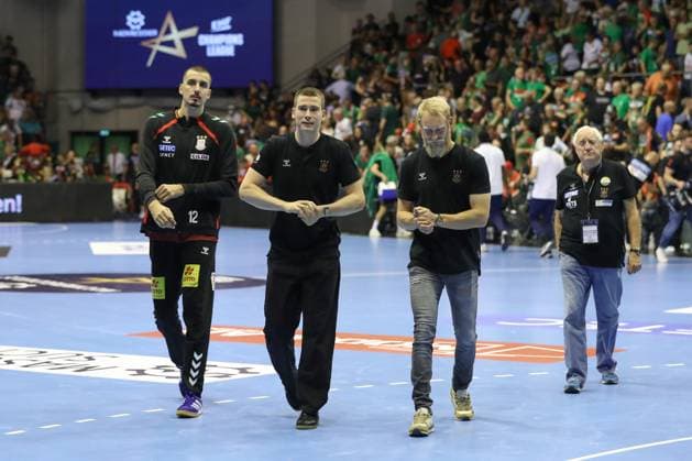 10.09.2025, xtgx, Handball, EHF Champions League, SC Magdeburg - Paris Saint Germain v.l. Matej Mandic (Magdeburg, 12), Manuel Zehnder (Magdeburg, 8), Matthias Musche (Magdeburg, 6) Magdeubrg