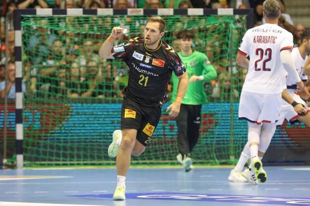 10.09.2025, xgox, Handball, EHF Champions League, SC Magdeburg - Paris Saint Germain v.l. Albin Lagergren (Magdeburg, 21) Jubel, Torjubel, jubelt ueber das Tor, celebrate the goal, celebration Magdeburg