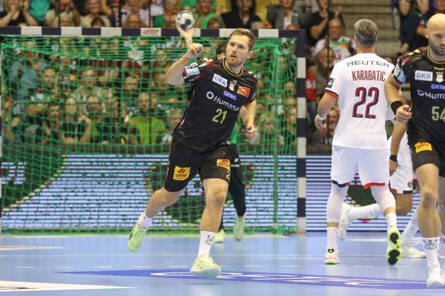 10.09.2025, xgox, Handball, EHF Champions League, SC Magdeburg - Paris Saint Germain v.l. Albin Lagergren (Magdeburg, 21) Jubel, Torjubel, jubelt ueber das Tor, celebrate the goal, celebration Magdeburg