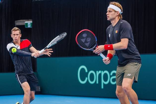 Belgian Kimmer Coppejans and Belgian Zizou Bergsa pictured during a training practice of the Belgian team, Thursday 11 September 2025, in Ken Rosewall Arena, Sydney, Australia. Belgium will compete this weekend in the second round of the Davis Cup qualifiers against Australia. PATRICKxHAMILTON  x133905028x