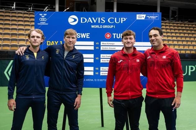 250911 Erik Grevelius and AndrÃ Göransson of Sweden with Aziz Ouakaa and Anas Bennour Dit Sahli of Tunisia during the Davis Cup draw ceremony ahead of the match between Sweden and Tunisia on September 11, 2025 in Partille. Photo: Mathias Bergeld BILDBYRAN kod MB MB1200 tennis davis cup lottningen lotting draw ceremony sverige sweden bbeng tunisien tunisia Copyright: MATHIASxBERGELD BB250911MB023