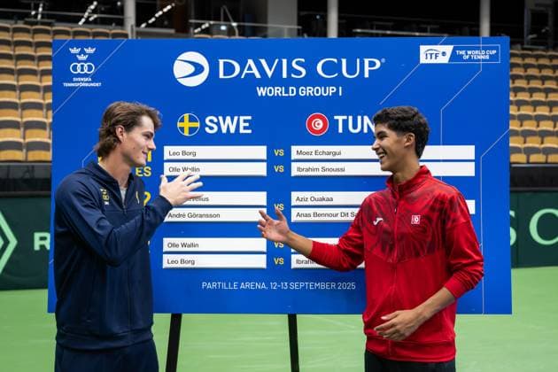 250911 Olle Wallin of Sweden and Ibrahim Snoussi of Tunisia during the Davis Cup draw ceremony ahead of the match between Sweden and Tunisia on September 11, 2025 in Partille. Photo: Mathias Bergeld BILDBYRAN kod MB MB1200 tennis davis cup lottningen lotting draw ceremony sverige sweden bbeng tunisien tunisia Copyright: MATHIASxBERGELD BB250911MB026