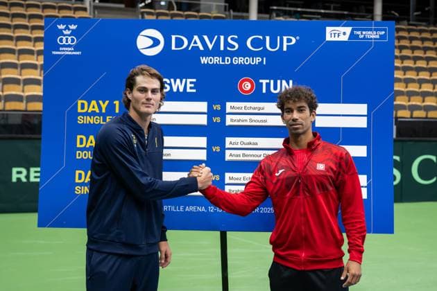 250911 Olle Wallin of Sweden and Moez Echargui of Tunisia during the Davis Cup draw ceremony ahead of the match between Sweden and Tunisia on September 11, 2025 in Partille. Photo: Mathias Bergeld BILDBYRAN kod MB MB1200 tennis davis cup lottningen lotting draw ceremony sverige sweden bbeng tunisien tunisia Copyright: MATHIASxBERGELD BB250911MB029