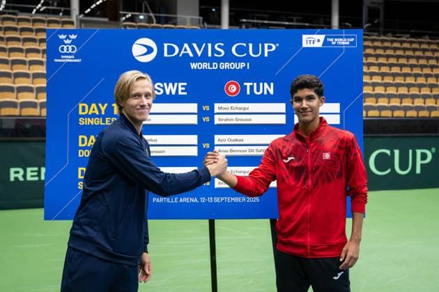 250911 Leo Borg of Sweden and Ibrahim Snoussi of Tunisia during the Davis Cup draw ceremony ahead of the match between Sweden and Tunisia on September 11, 2025 in Partille. Photo: Mathias Bergeld BILDBYRAN kod MB MB1200 tennis davis cup lottningen lotting draw ceremony sverige sweden bbeng tunisien tunisia Copyright: MATHIASxBERGELD BB250911MB031