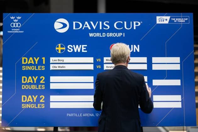 250911 The names of Leo Borg and Olle Wallin of Sweden is seen on the draw board during the Davis Cup draw ceremony ahead of the match between Sweden and Tunisia on September 11, 2025 in Partille. Photo: Mathias Bergeld BILDBYRAN kod MB MB1200 tennis davis cup lottningen lotting draw ceremony sverige sweden bbeng tunisien tunisia Copyright: MATHIASxBERGELD BB250911MB033